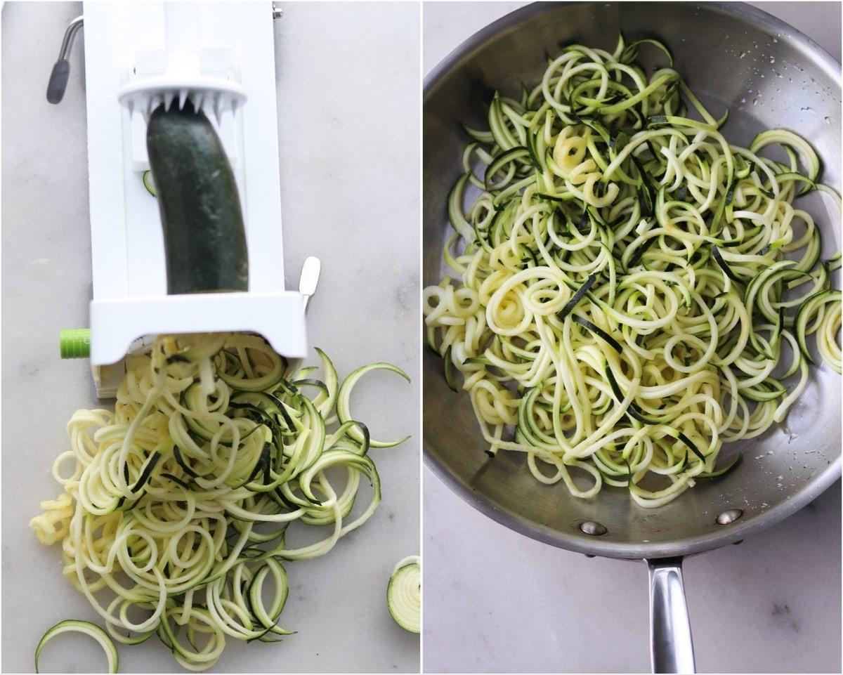 Close up of zoodles being spiralized