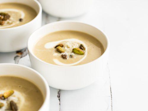 Close-up of creamy keto pistachio soup being prepared in a kitchen