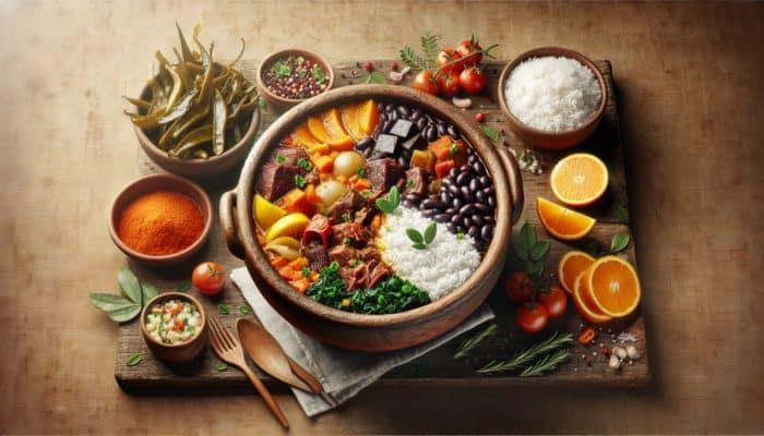 A vibrant bowl of Feijoada, garnished with fresh herbs and served with traditional side dishes like rice, collard greens, and orange slices.