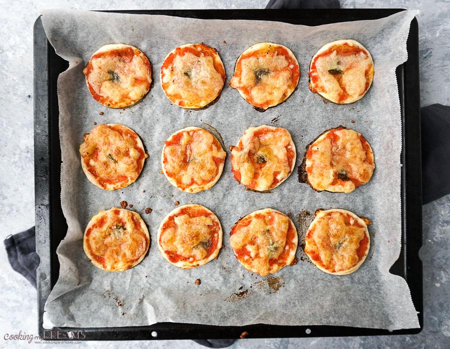 Overhead shot of the mini pizzas on a baking sheet
