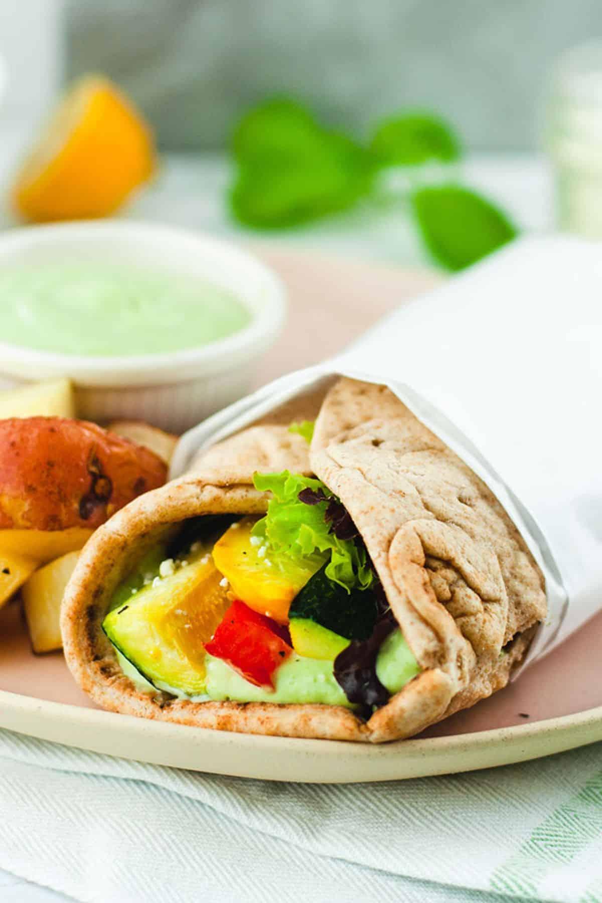 close-up of grilled vegetables on a gyro