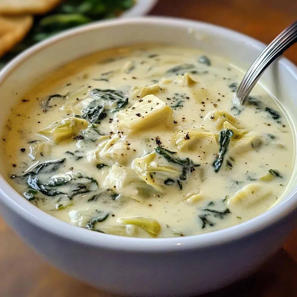 A bowl of creamy spinach artichoke stew garnished with fresh herbs