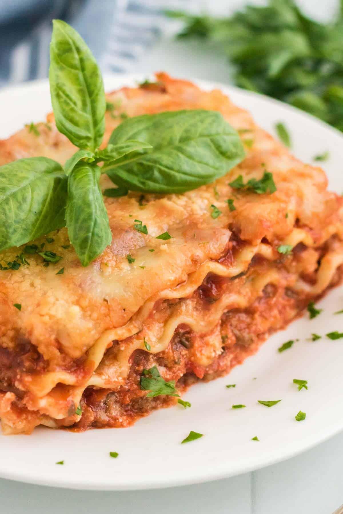 A wide shot of the finished lasagna, beautifully presented.