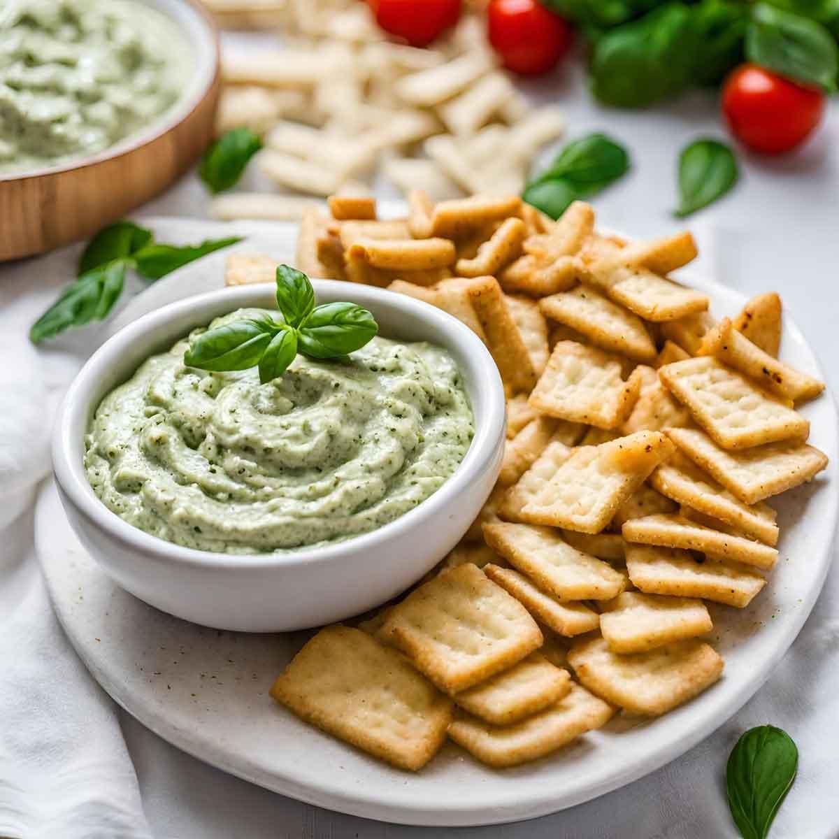 A vibrant green creamy pesto dip served with tortilla chips, garnished with fresh basil