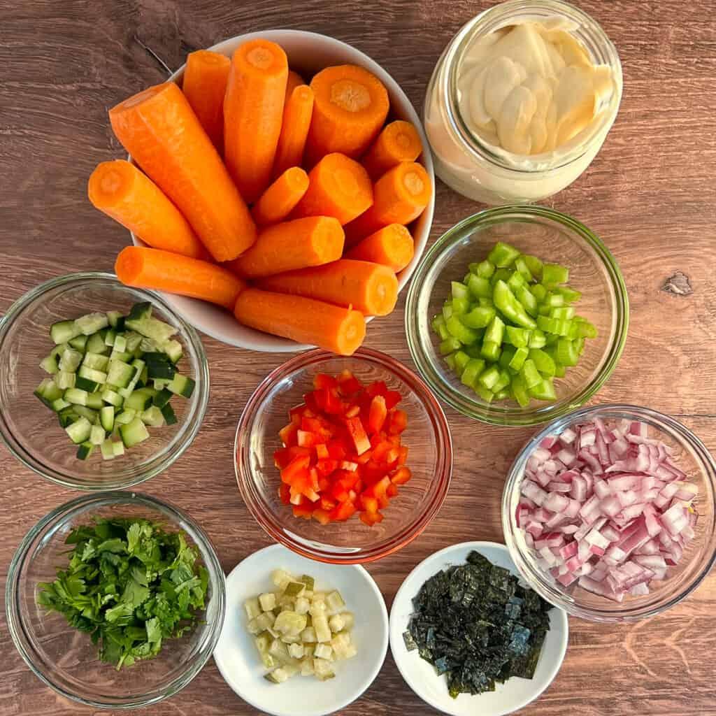 Close up of tuna salad ingredients in a bowl