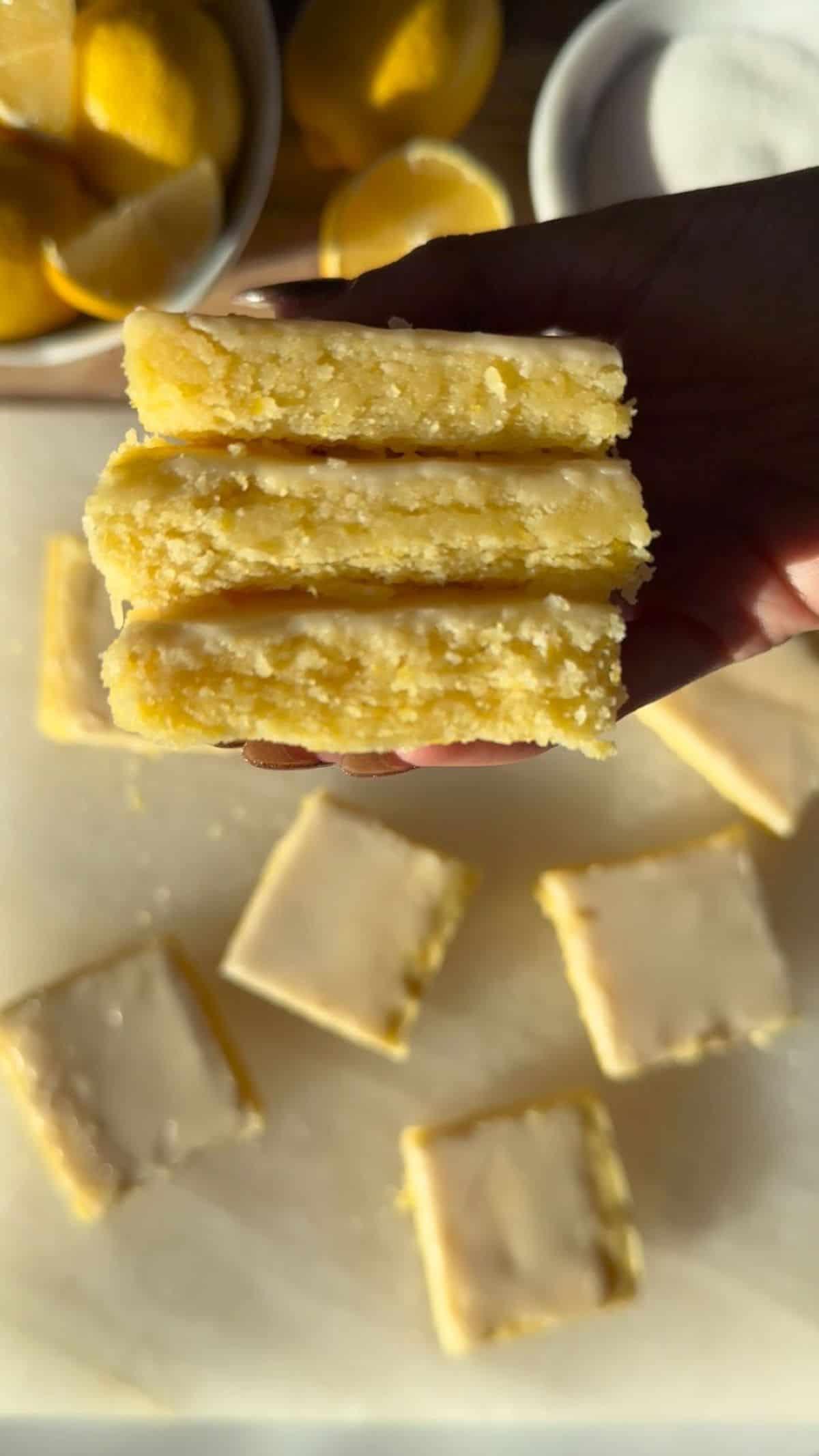 close-up shot of a lemon curd blondie being sliced