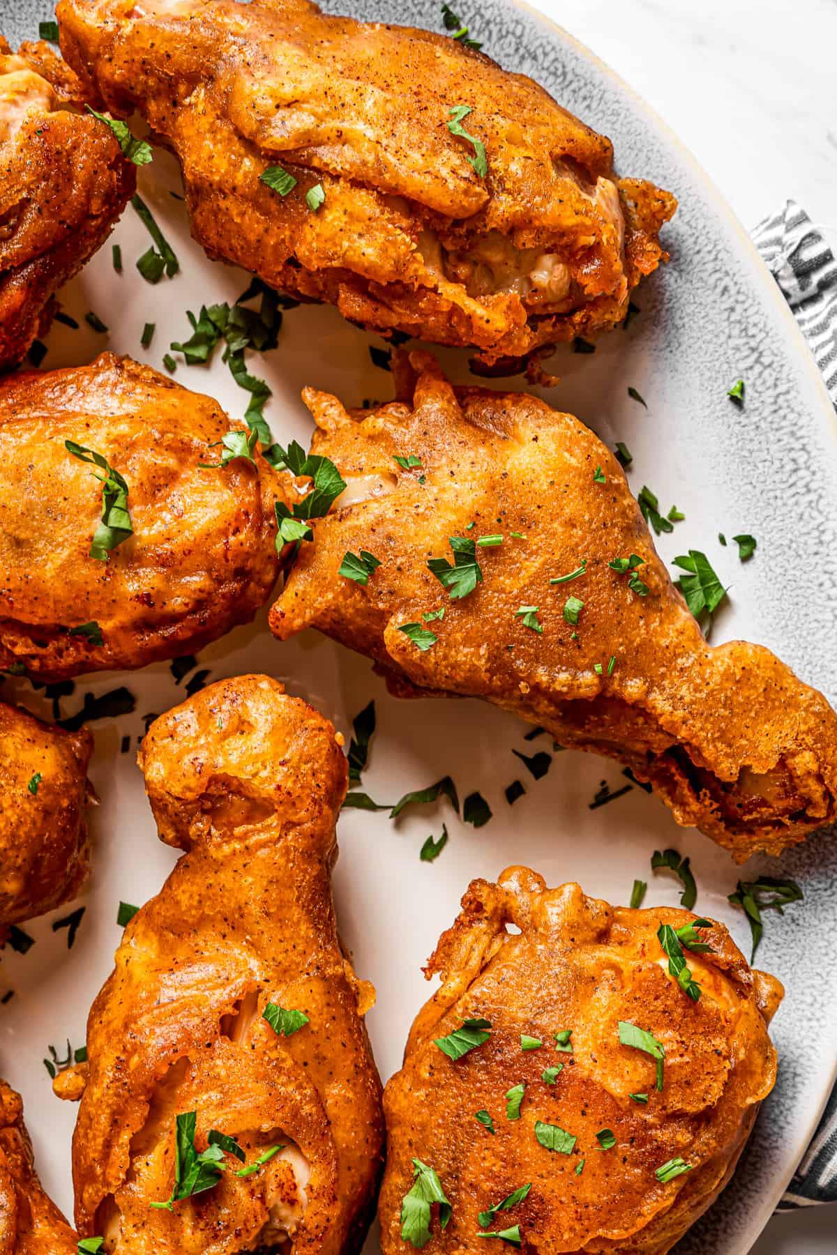 close-up shot of golden beer battered fried chicken