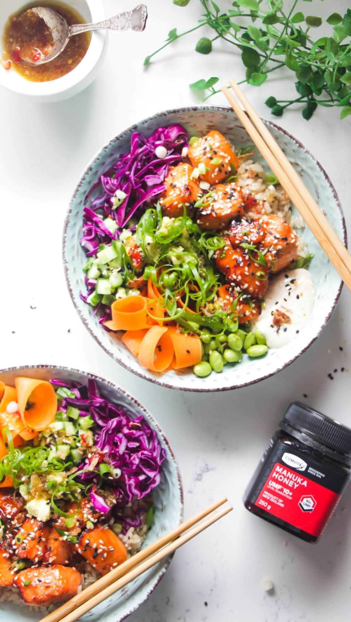 overhead shot of a beautifully arranged salmon poke bowl