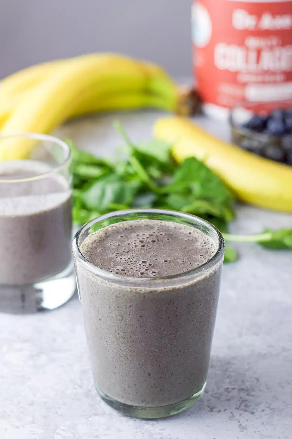 Close-up of fresh blueberries, banana, and spinach