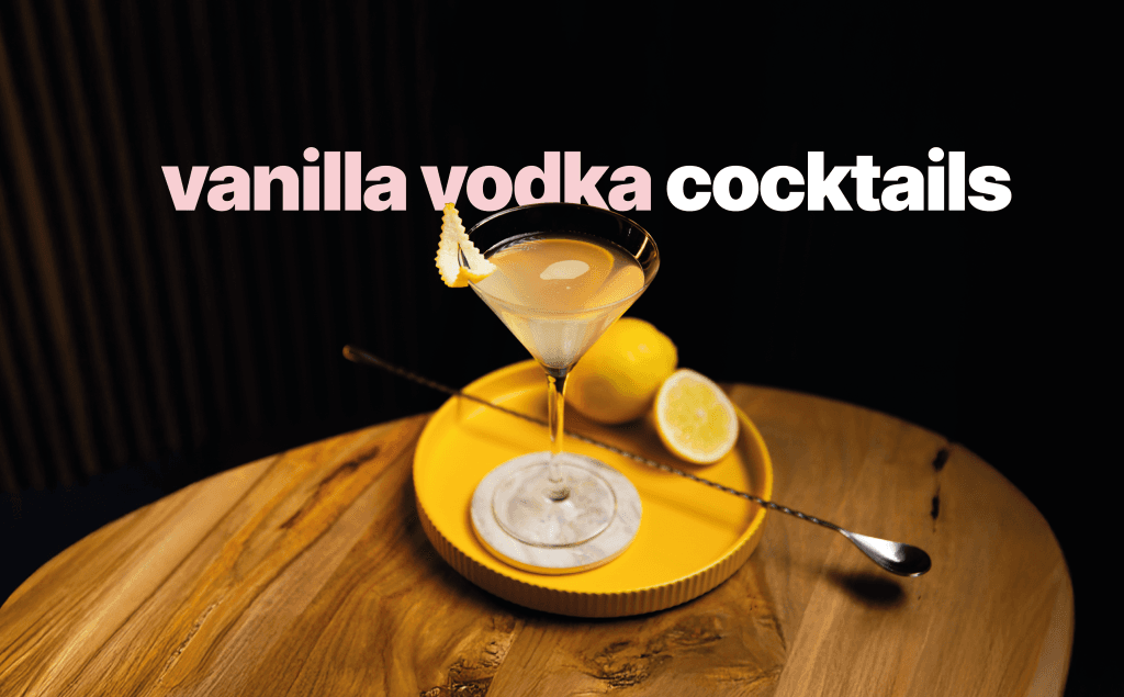 ingredients for vodka vanilla cocktail laid out on a wooden surface