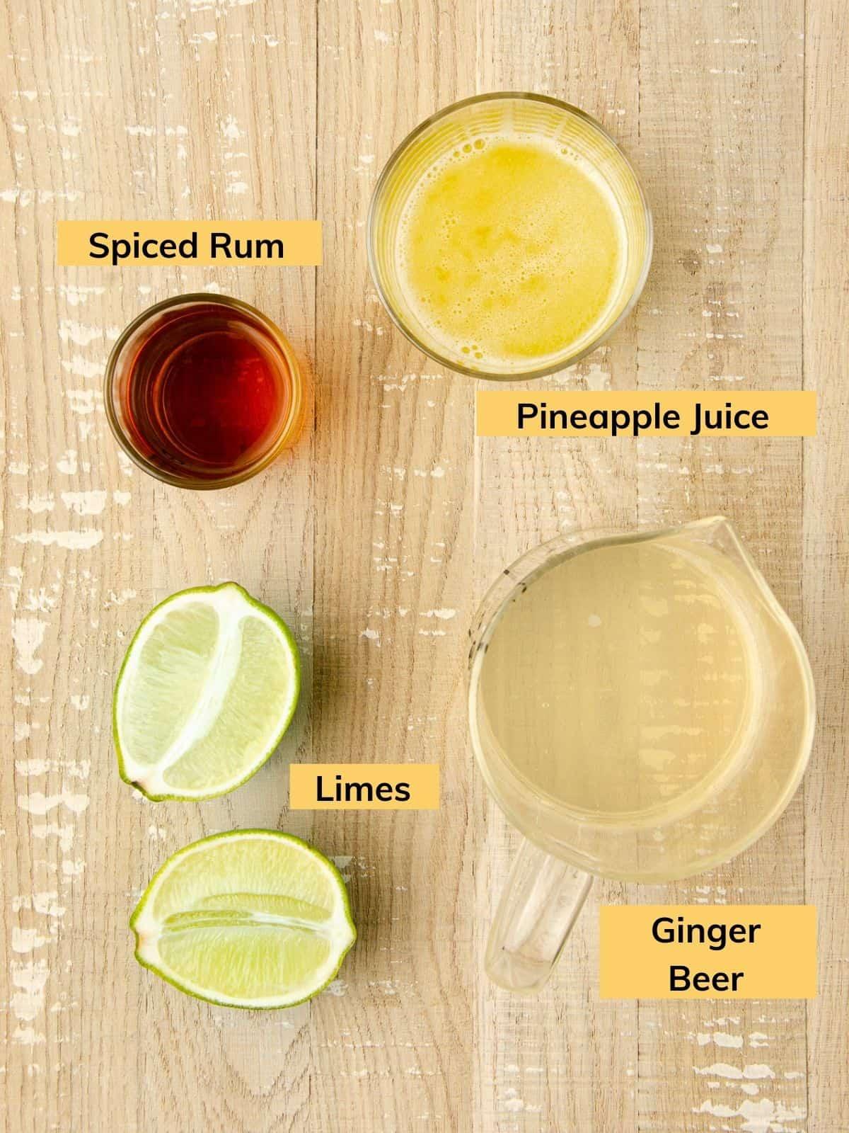 Ingredients for Pineapple Ginger Moscow Mule: ginger, pineapple, limes, vodka, ginger beer