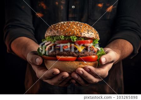 A person holding a portobello mushroom burger in their hand, outdoors