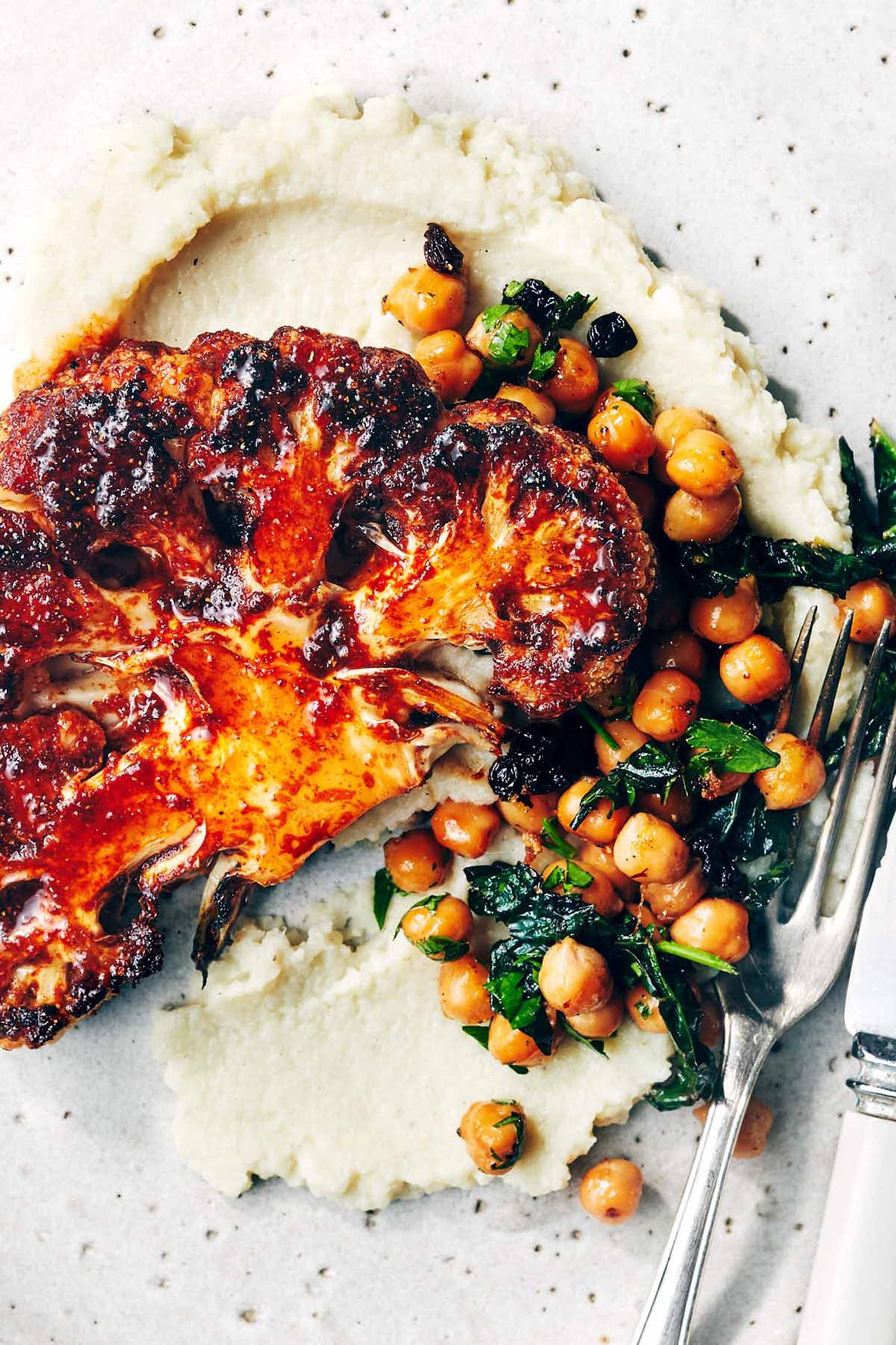 close up of finished cauliflower steak dish
