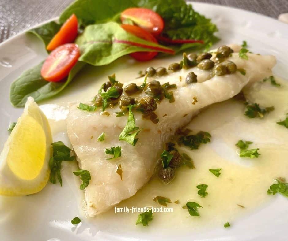 Close-up of the lemon-caper sauce