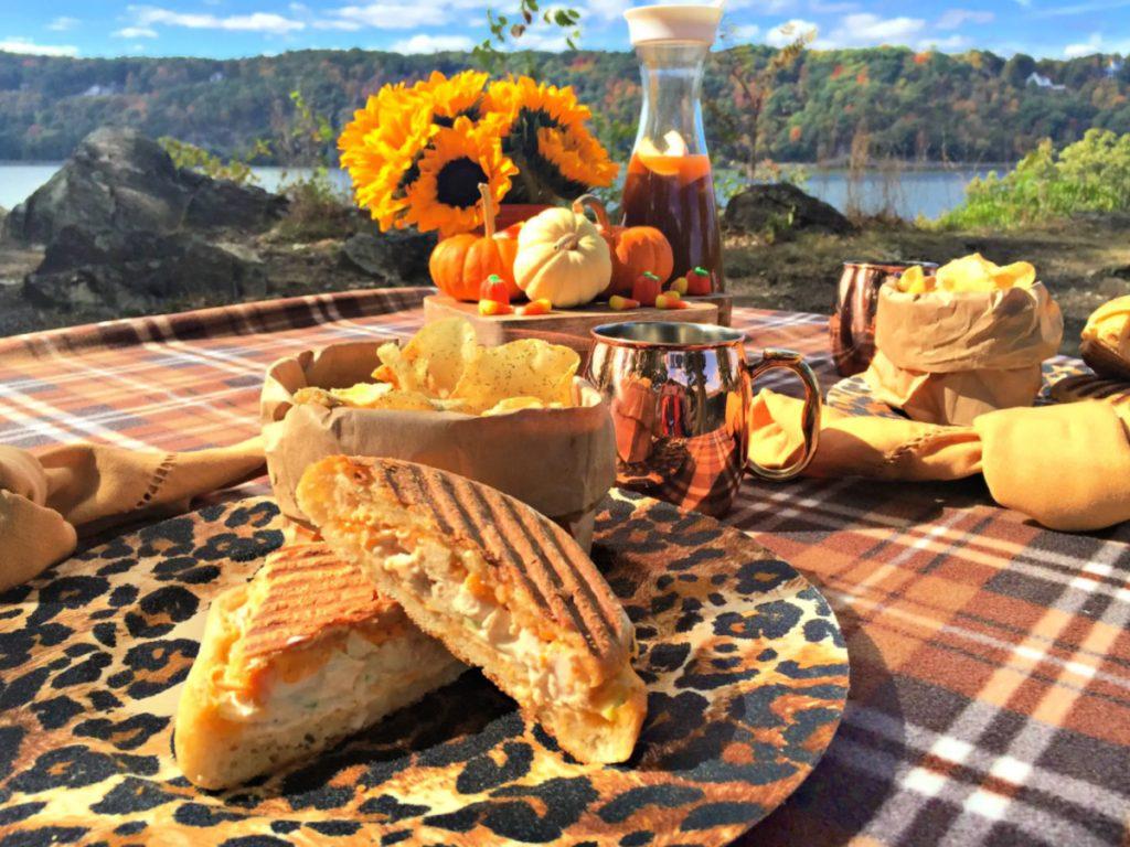 A delicious Tibetan Picnic Sandwich on a picnic blanket in the mountains