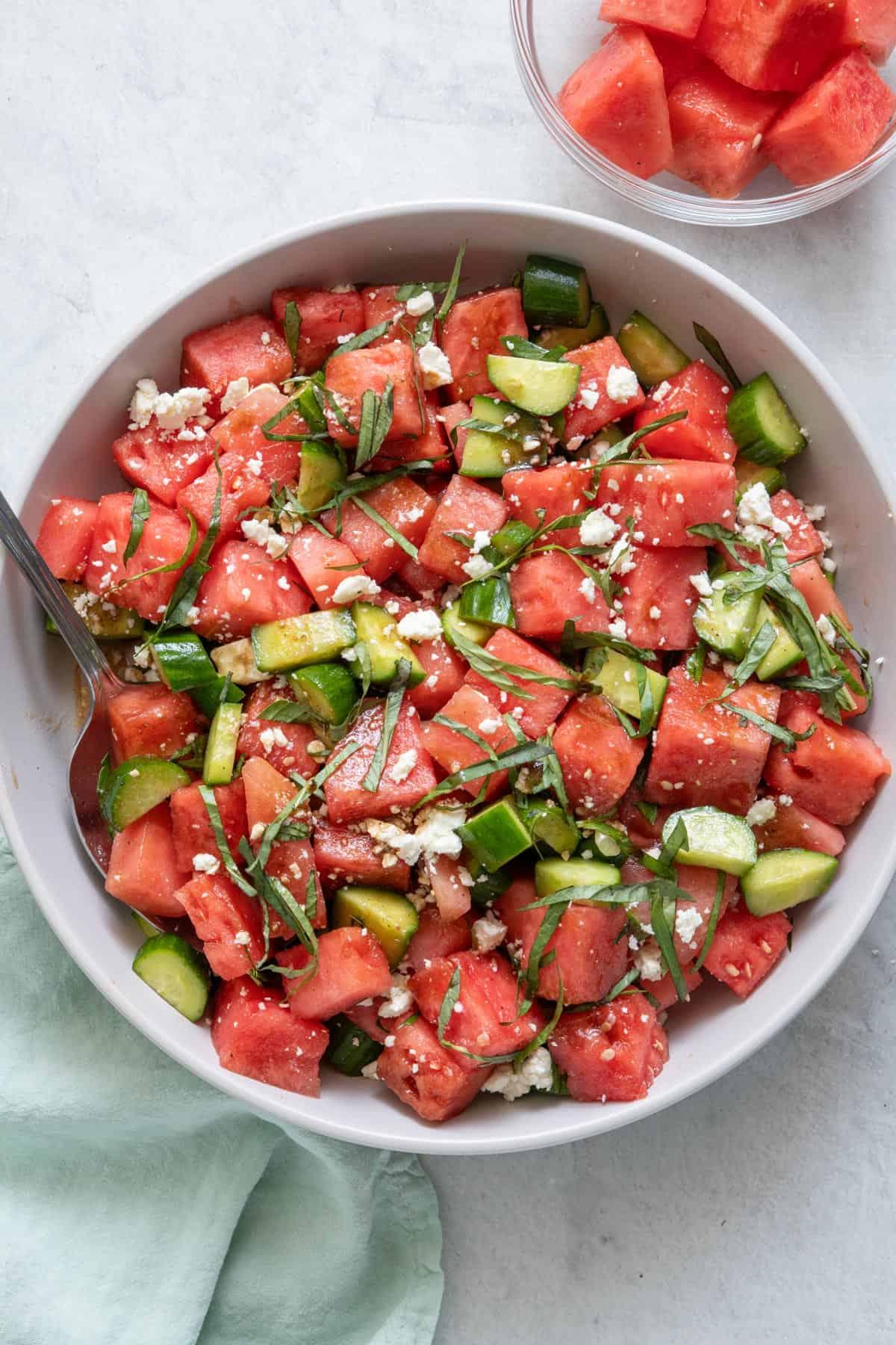 Close-up of the watermelon salad, showing the texture and color