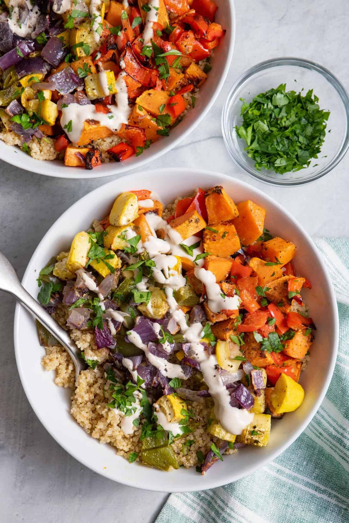 vibrant roasted vegetable and quinoa bowl with herbs