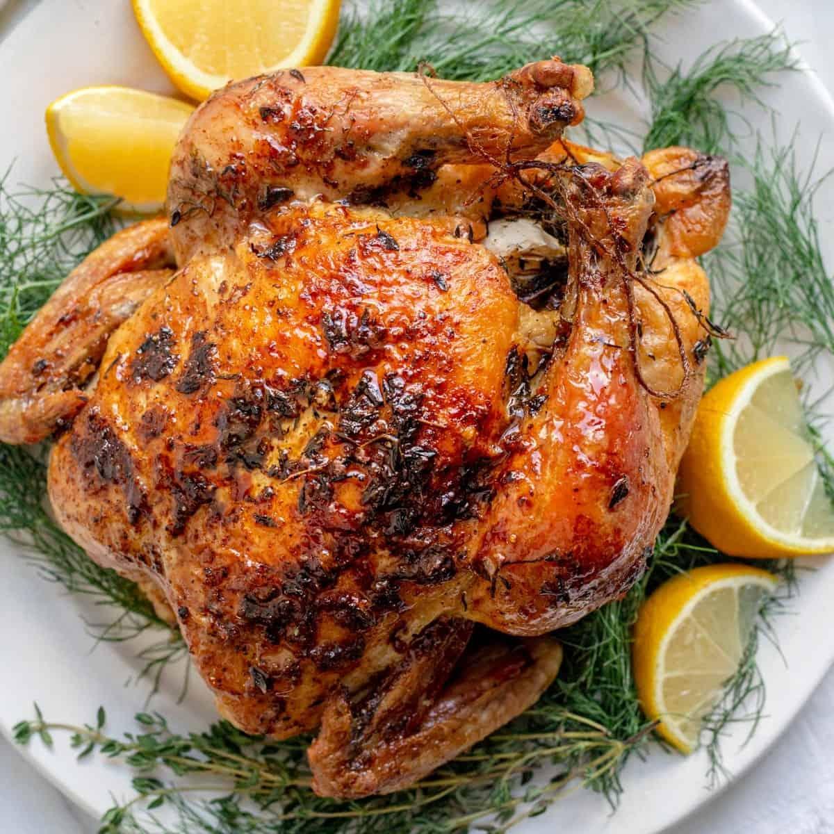 Roasted chicken plated with herbs