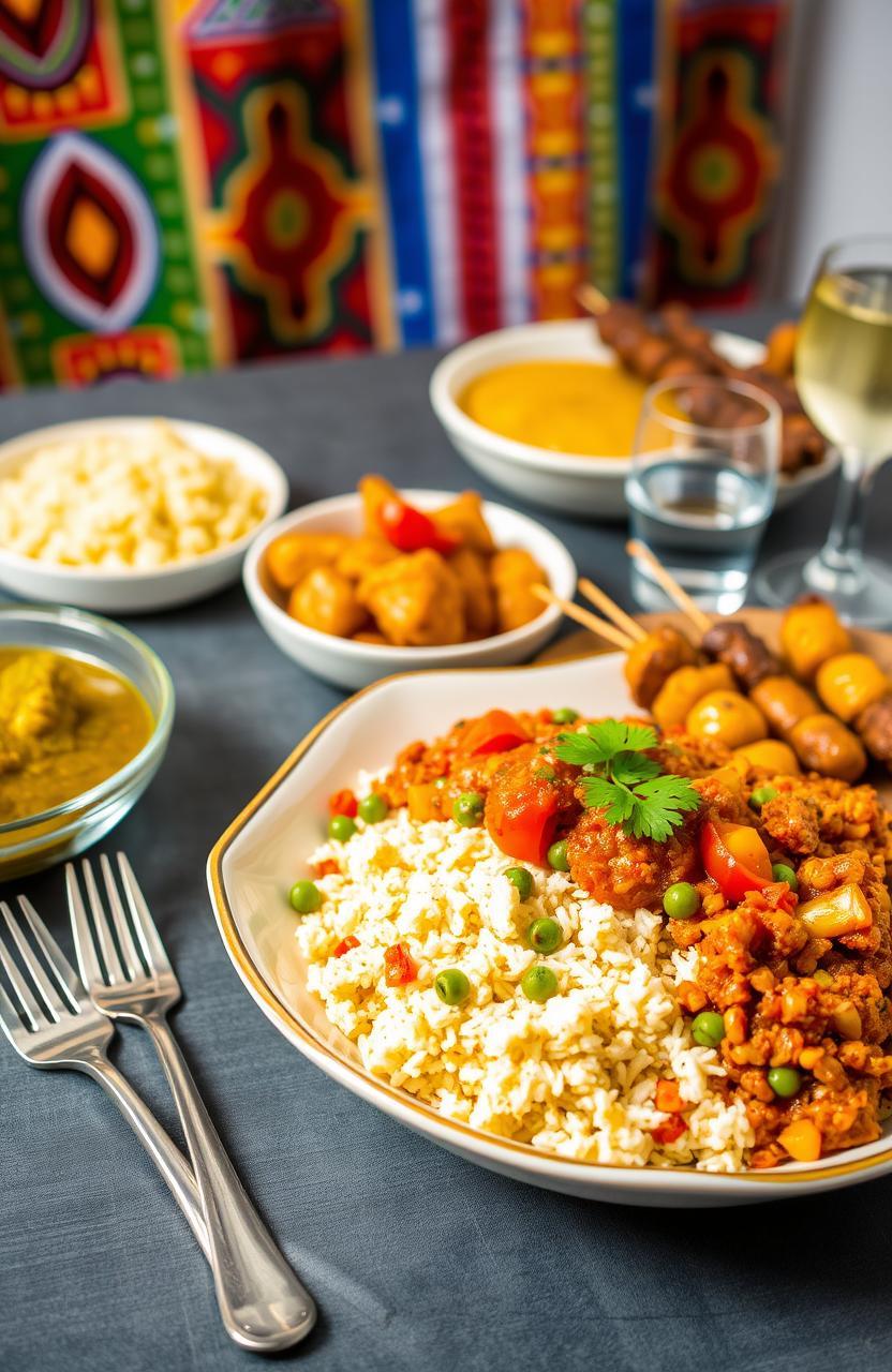 A wide shot of a table set for a meal, with a serving bowl of Spicy Jollof Rice with Lamb Kofta as the centerpiece.