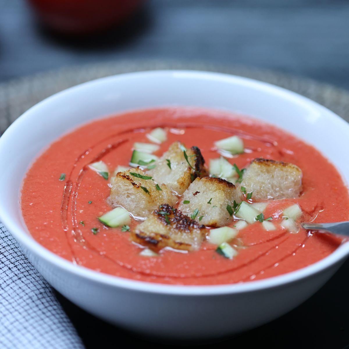 bowl of gazpacho with crouton crumbles