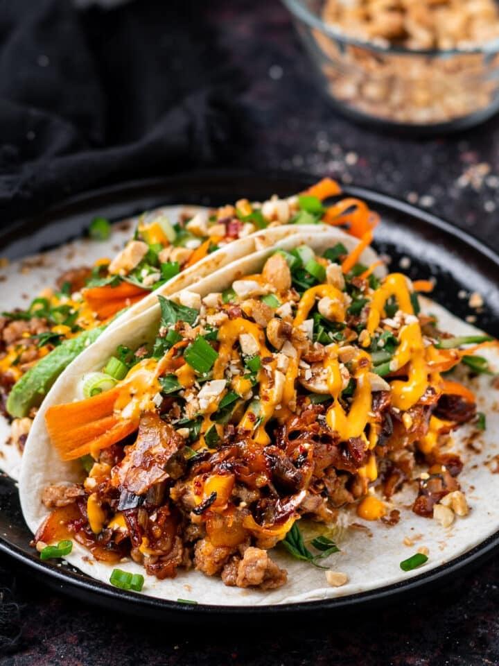 A close-up of a delicious-looking Kimchi and Chicken Taco