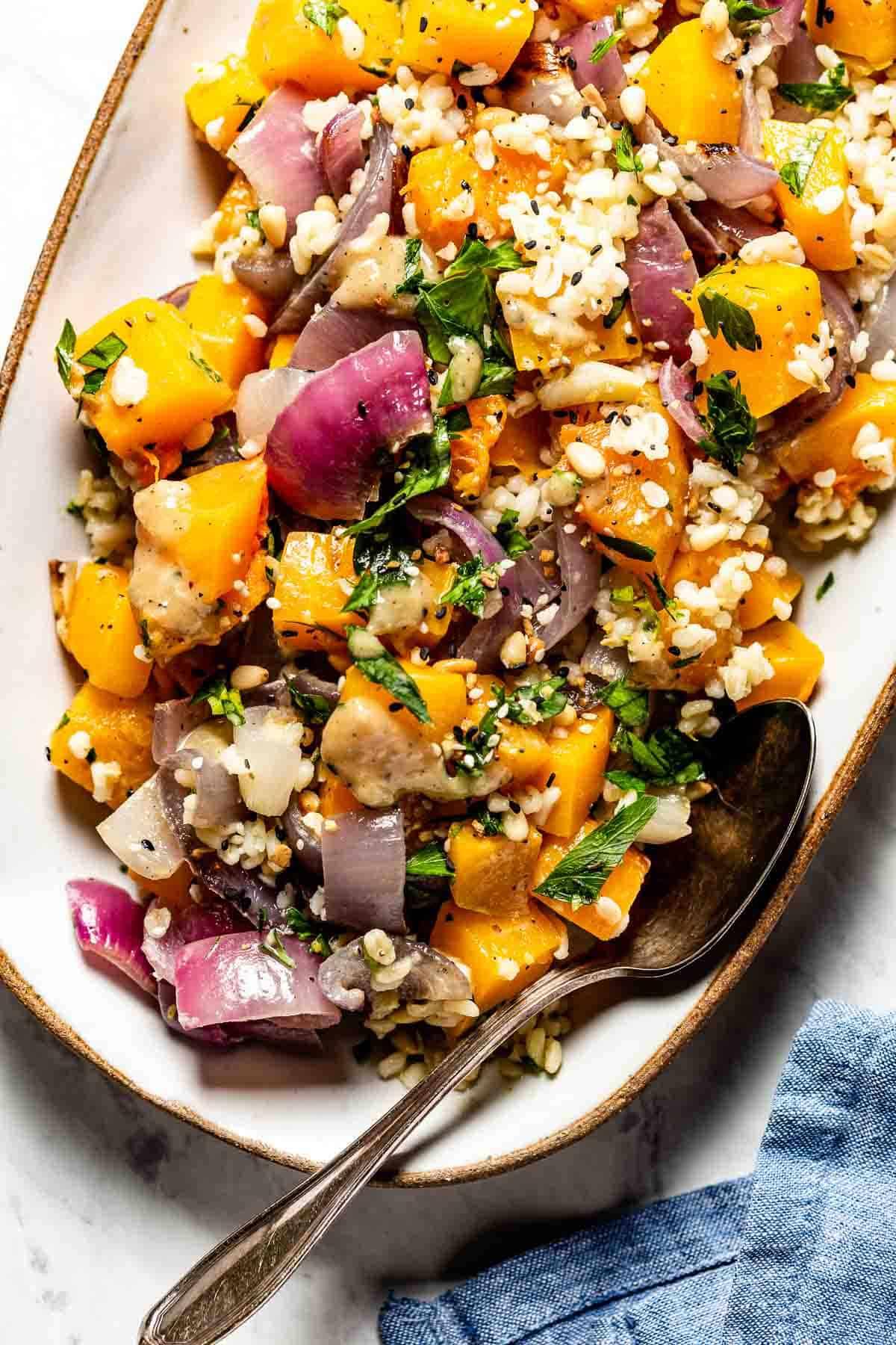 Close up shot of a beautifully plated Roasted Butternut Squash Salad
