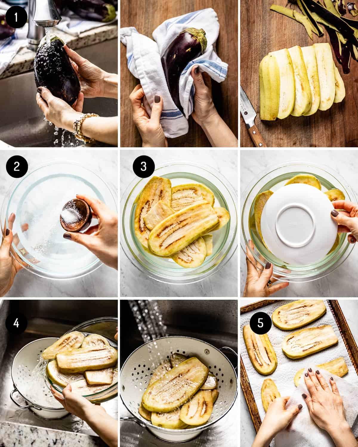 A step-by-step image showing the process of salting and rinsing the eggplant slices.
