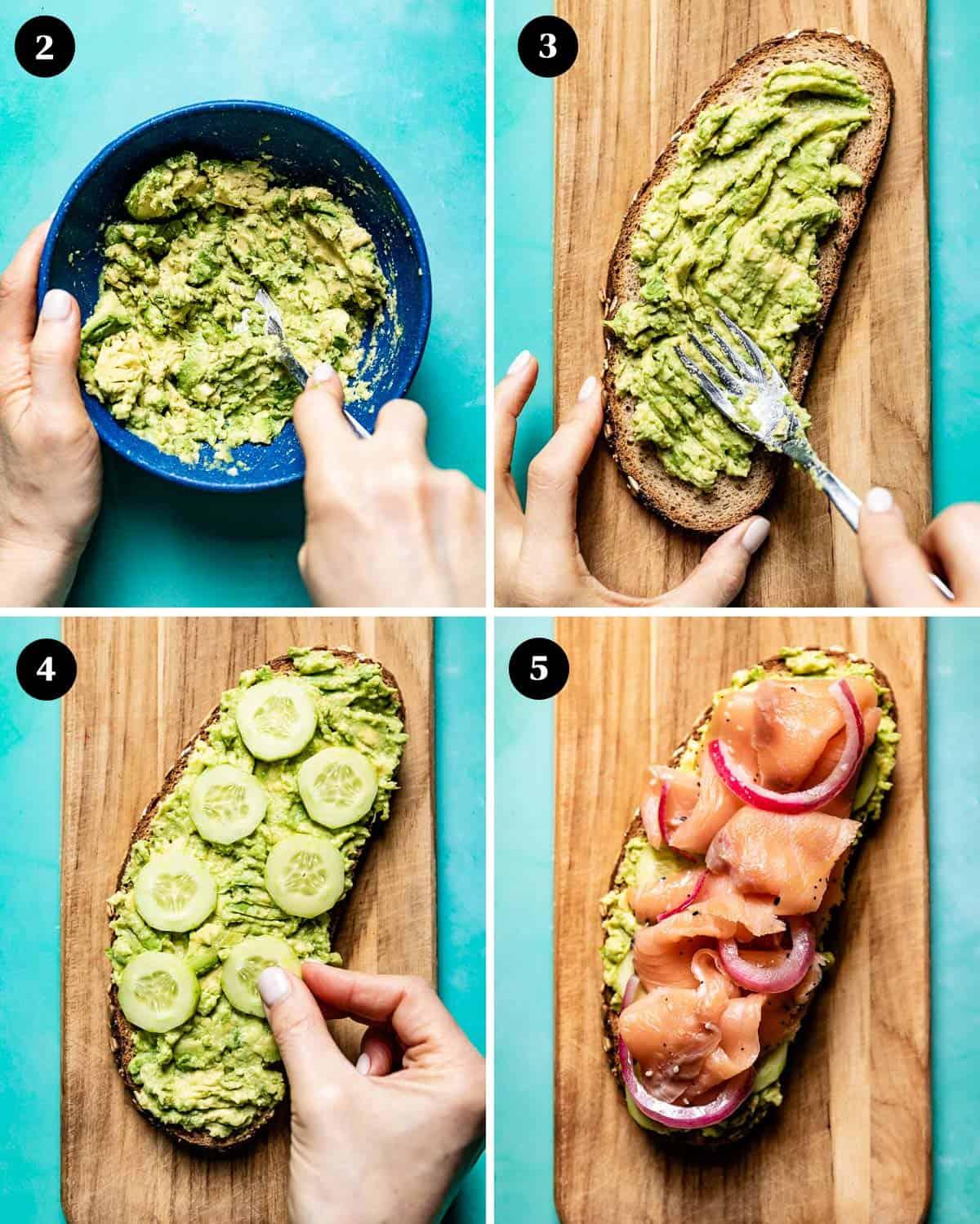 A person enjoying smoked salmon and avocado toast