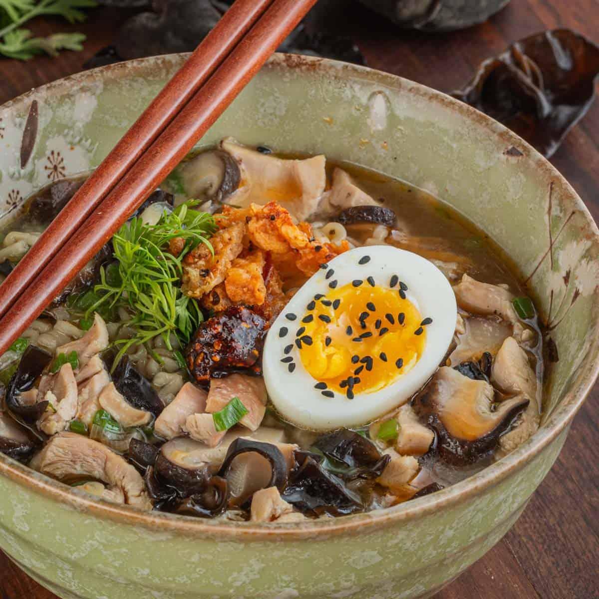 Black Garlic Ramen with Wood Ear Mushrooms in a bowl