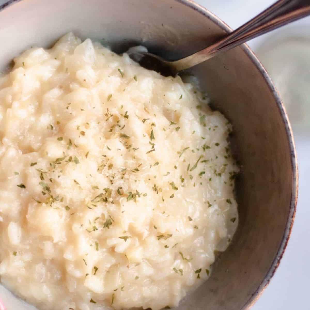 A person serving a bowl of steamed Arborio rice at a potluck