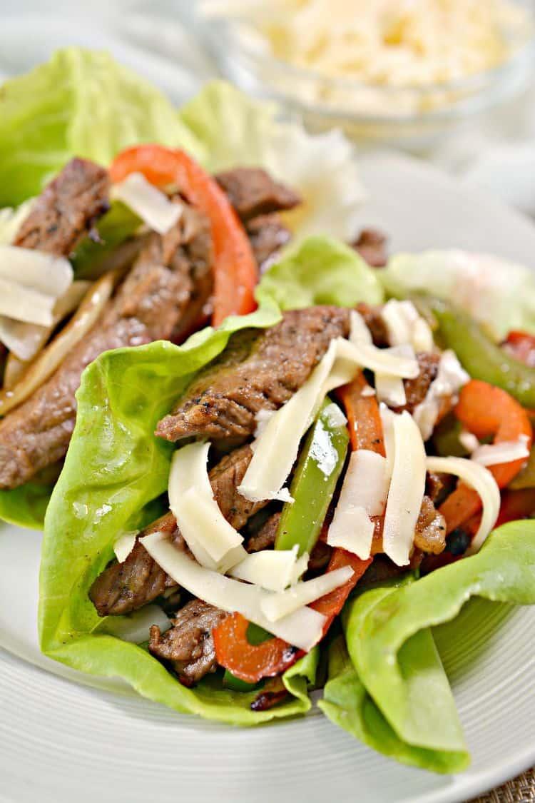 Close-up shot of a Philly cheesesteak lettuce wrap