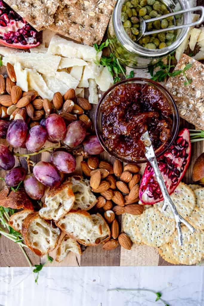 Overhead shot of the ingredients for the black pepper cashew-cheese biscuits and fig jam.