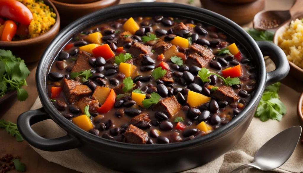 A vibrant and delicious-looking pot of Spicy Feijoada, ready to be served.
