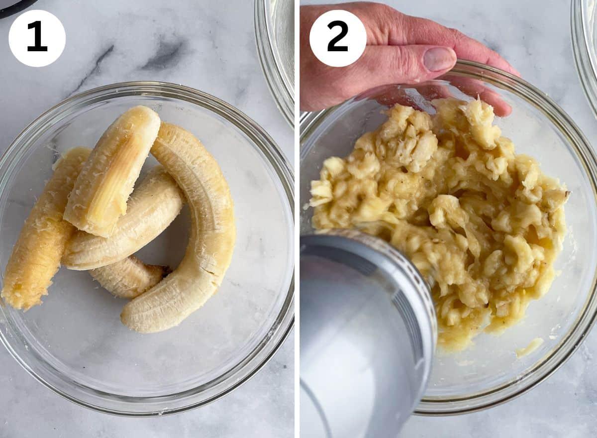 Overhead shot of a baker mashing ripe bananas in a rustic bowl, with slices of stale bread nearby, ready to be added to the mix.