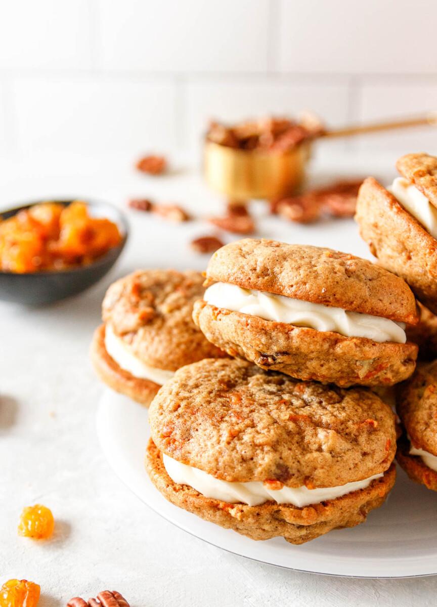 Close-up shot of a carrot cake sandwich with cream cheese frosting.