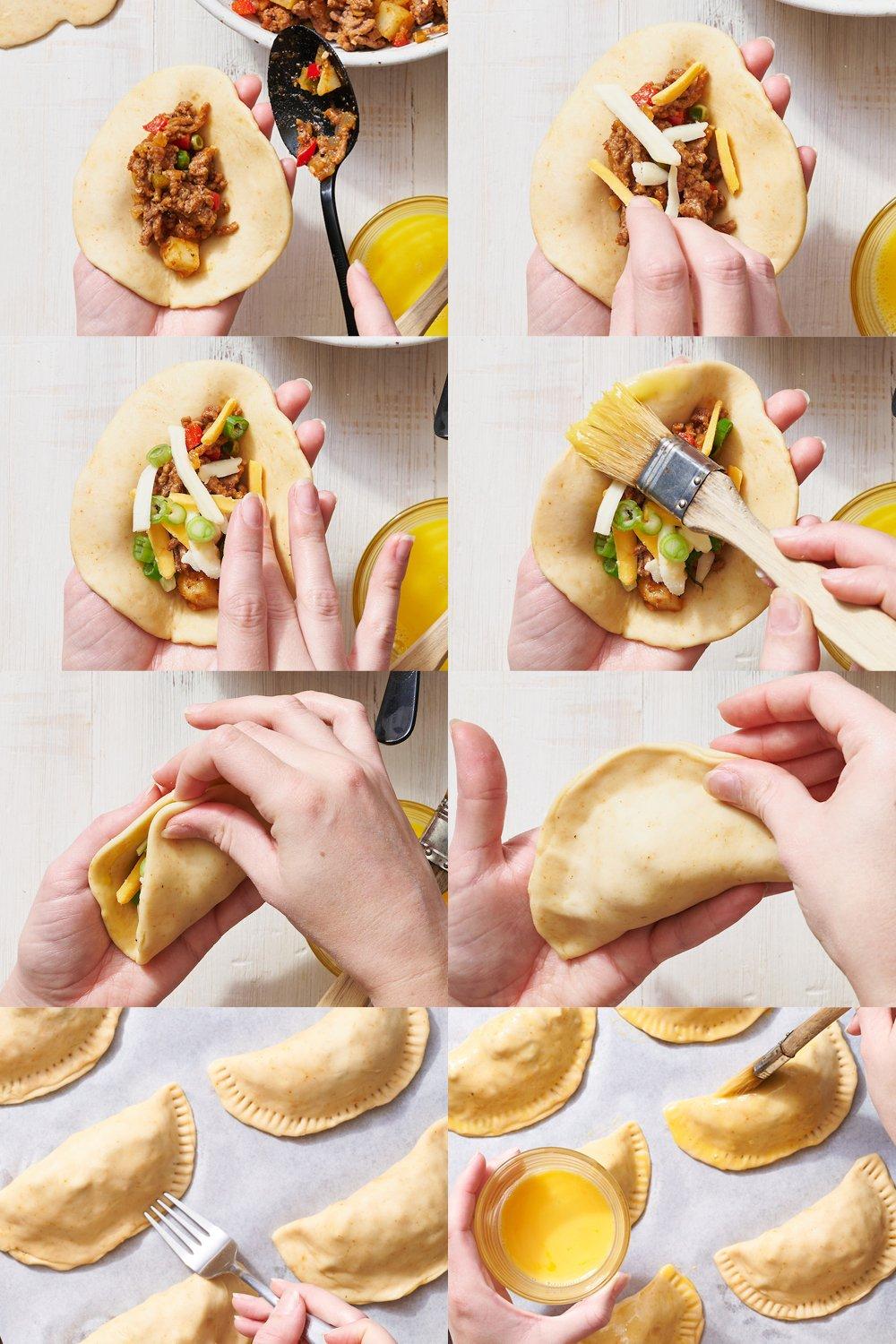 various stages of making empanadas, from preparing the dough to filling and crimping