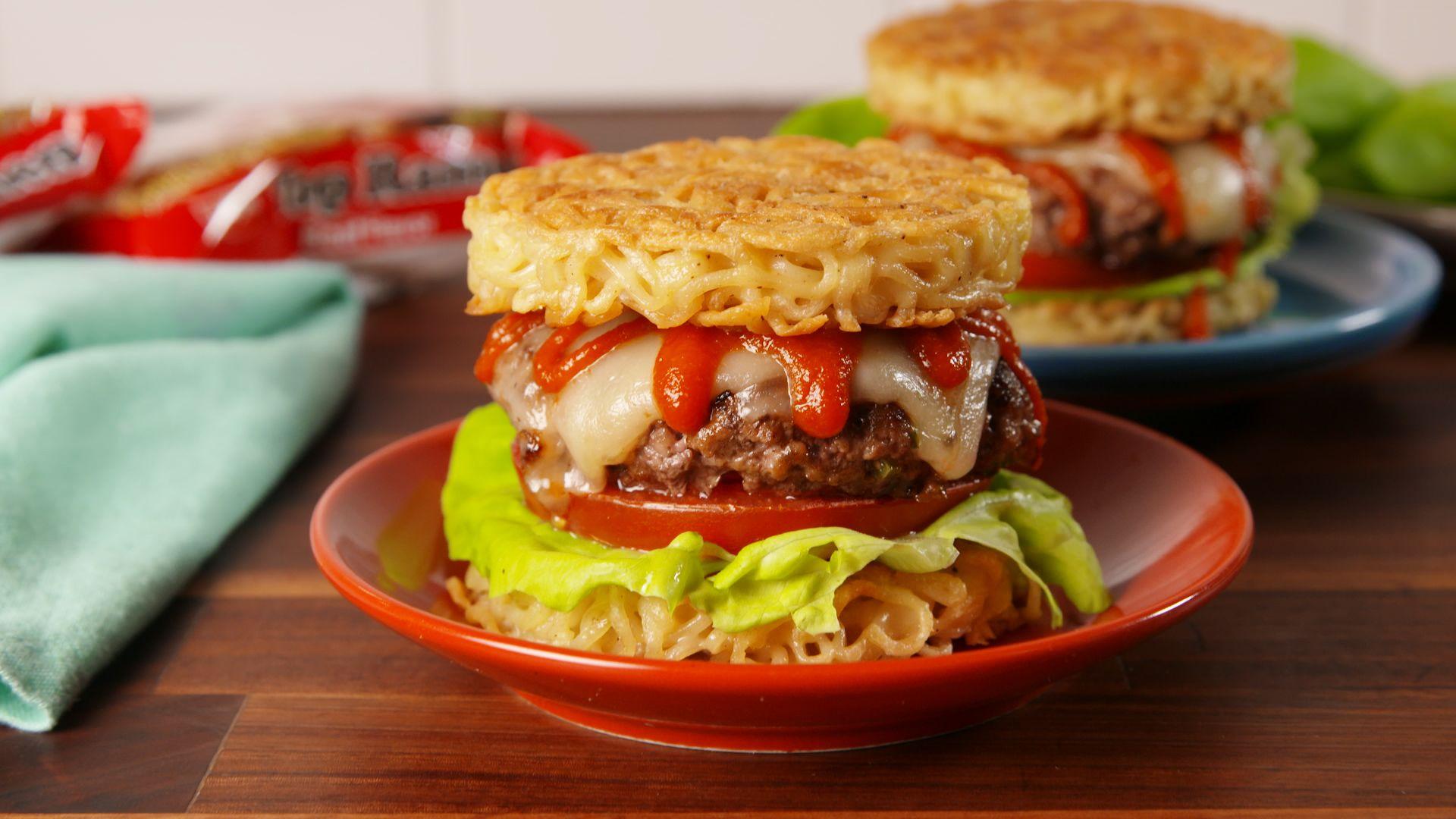 Step-by-step photos of the Ramen Burger recipe, highlighting key steps like pickling the vegetables and forming the patties