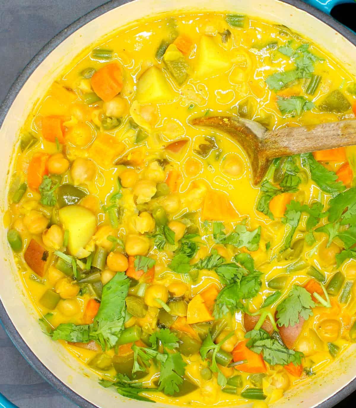 A close-up shot of the various vegetables used in the curry
