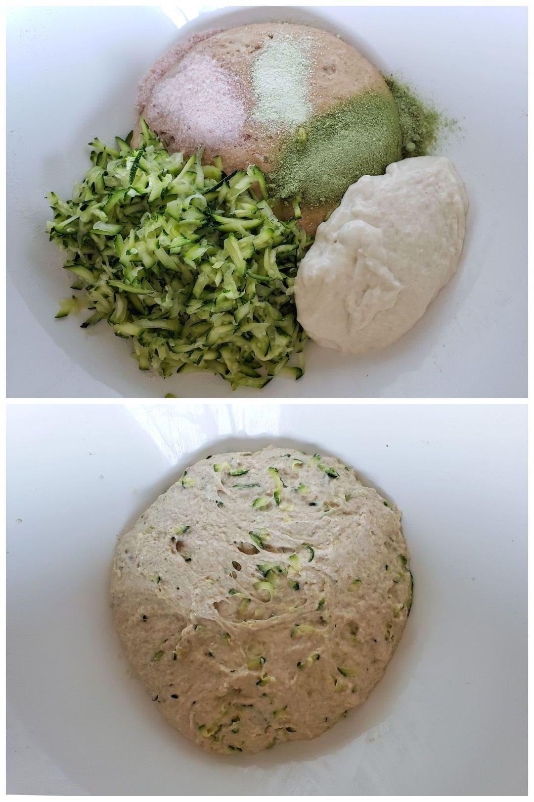 hands kneading zucchini blossom sourdough dough