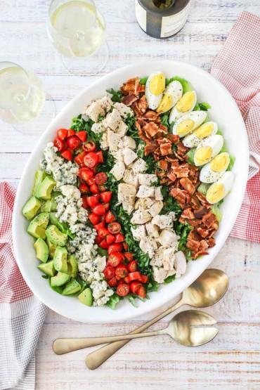 Overhead shot of the completed salad on a serving platter