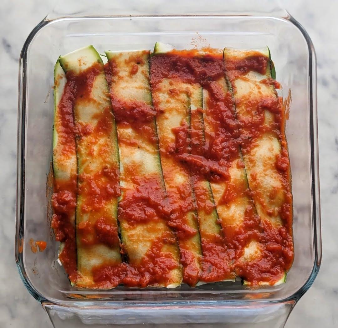 Baked Prosciutto Parmesan Low-Carb Zucchini Lasagna with melted cheese