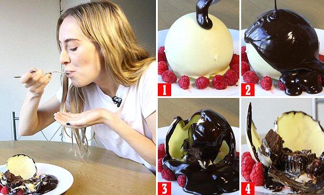 A person pouring white chocolate over dessert