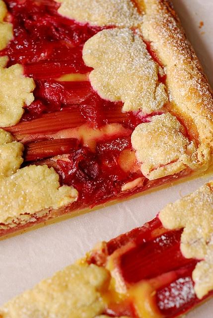 close up of a slice of lemon rhubarb tart