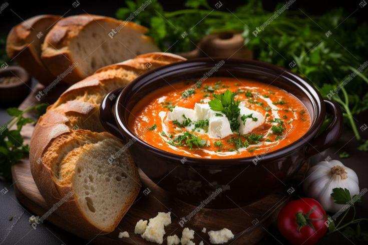 A table setting with a bowl of creamy tomato soup and crusty bread