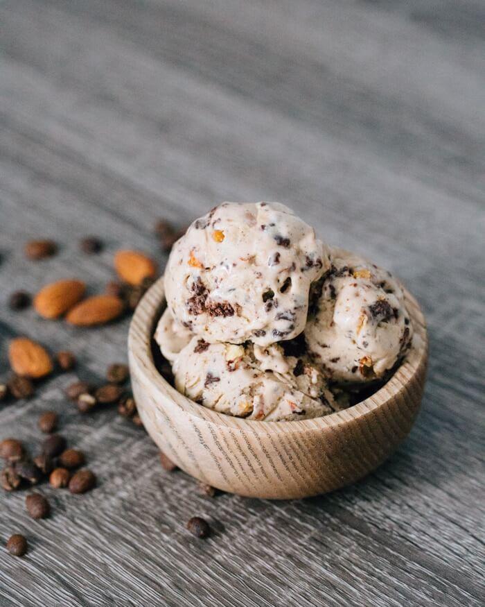 scoop of dairy-free mocha almond fudge ice cream in a bowl