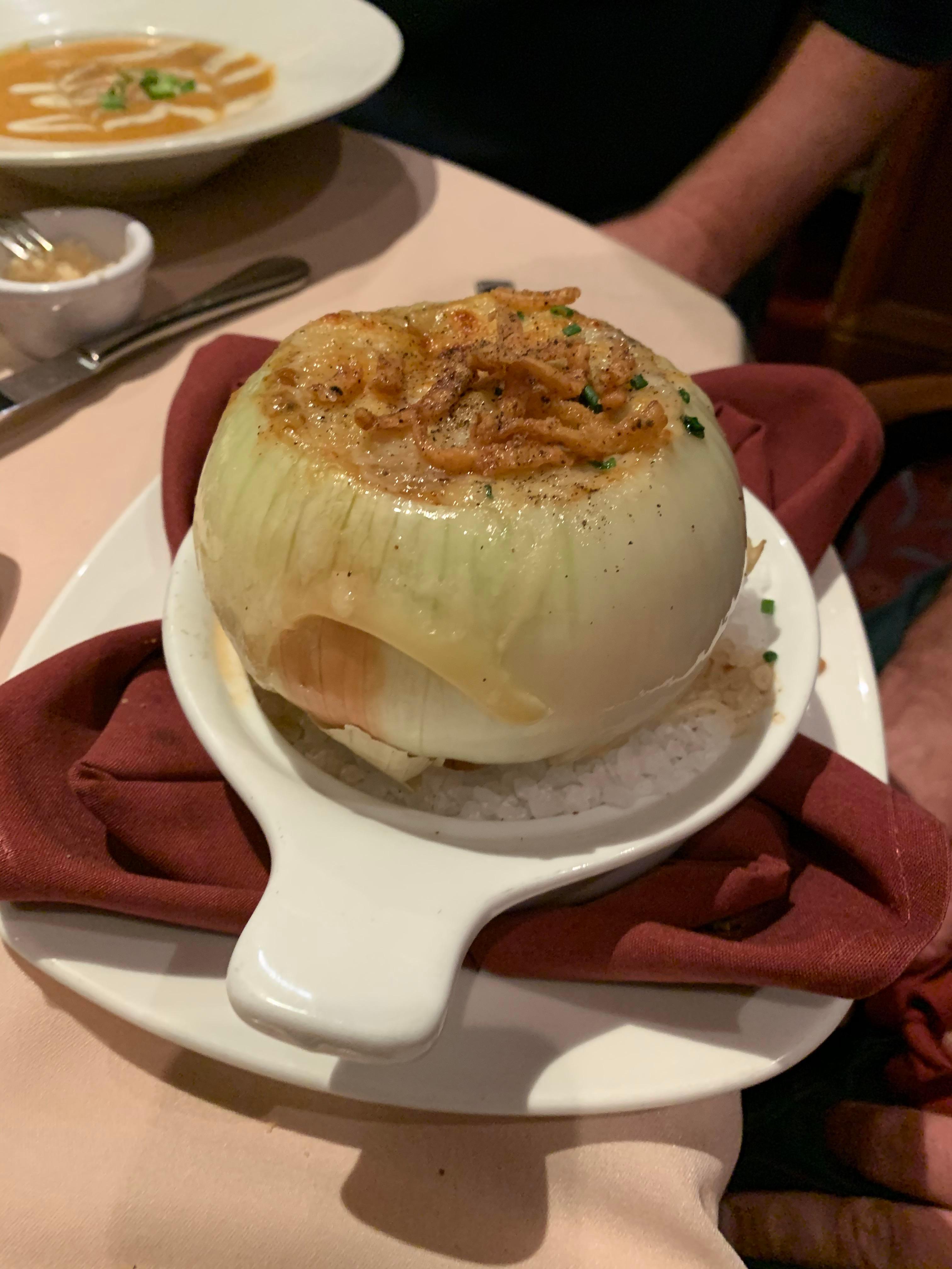 A finished bowl of Federalist French Onion Soup, ready to be served.