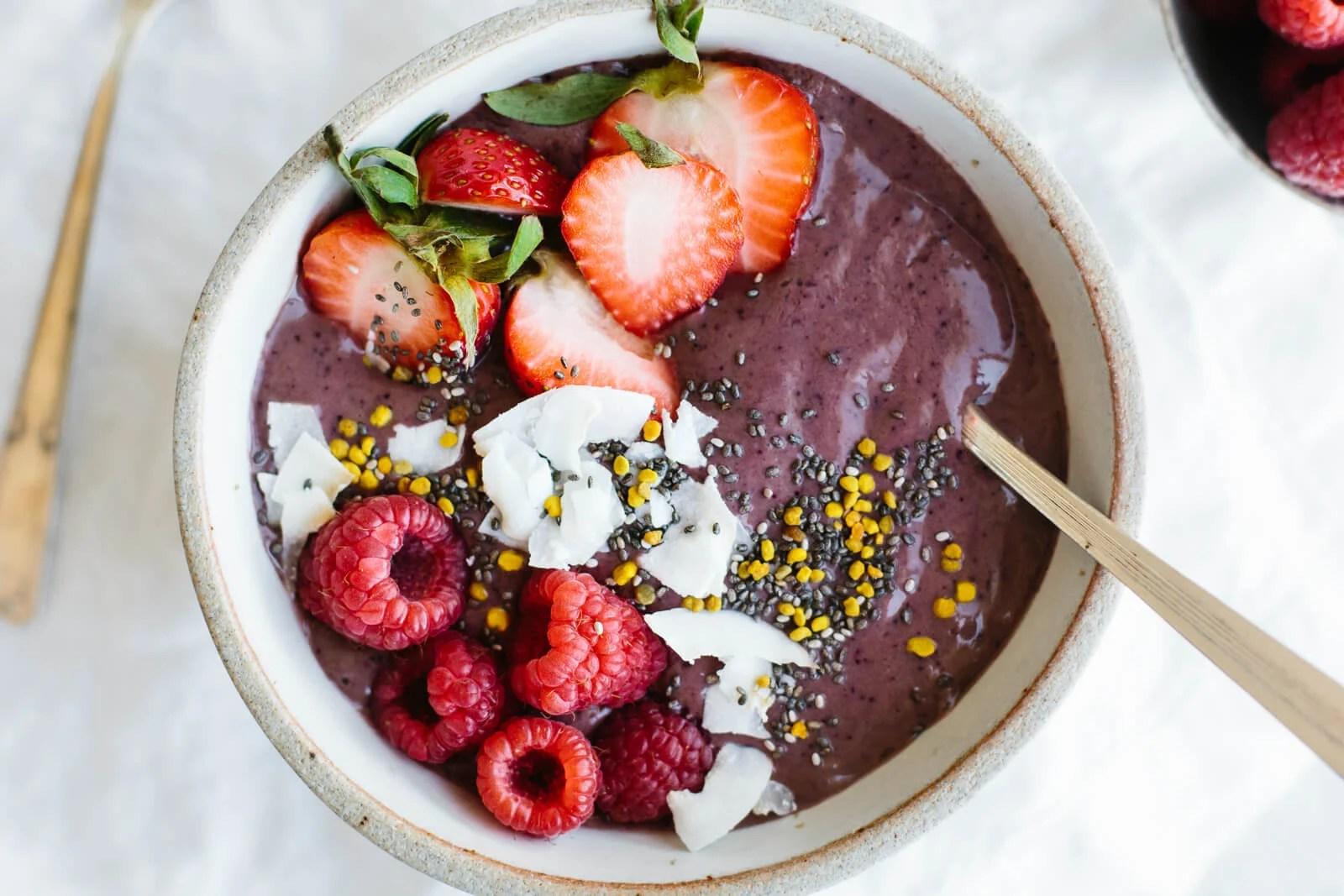 Close-up of a single serving of the Almond and Acai Power Bowl