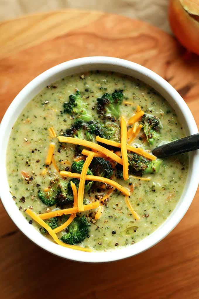 Close-up shot of chilled broccoli soup in a rustic bowl