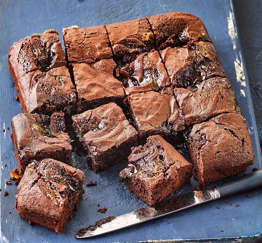 Gooey chocolate brownies in a baking pan