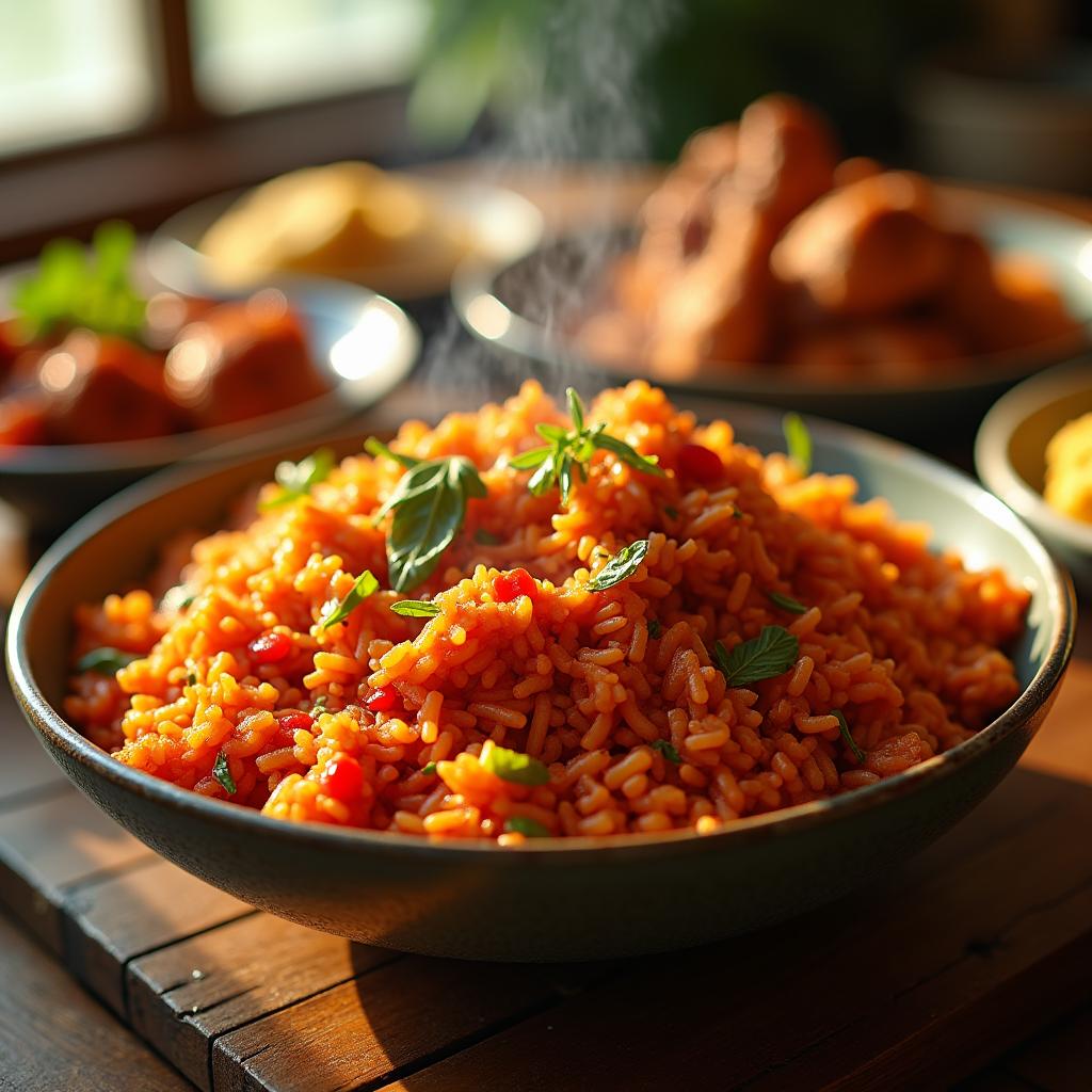 Close-up shot of a bowl of Jollof rice, showing its rich color and texture